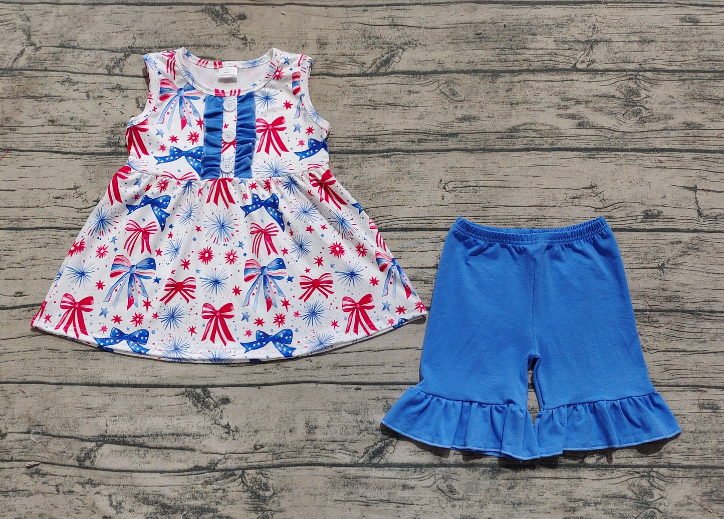 Baby Girl Sleeveless Bows Tunic Blue Ruffle Short 4th Of July Set RTS