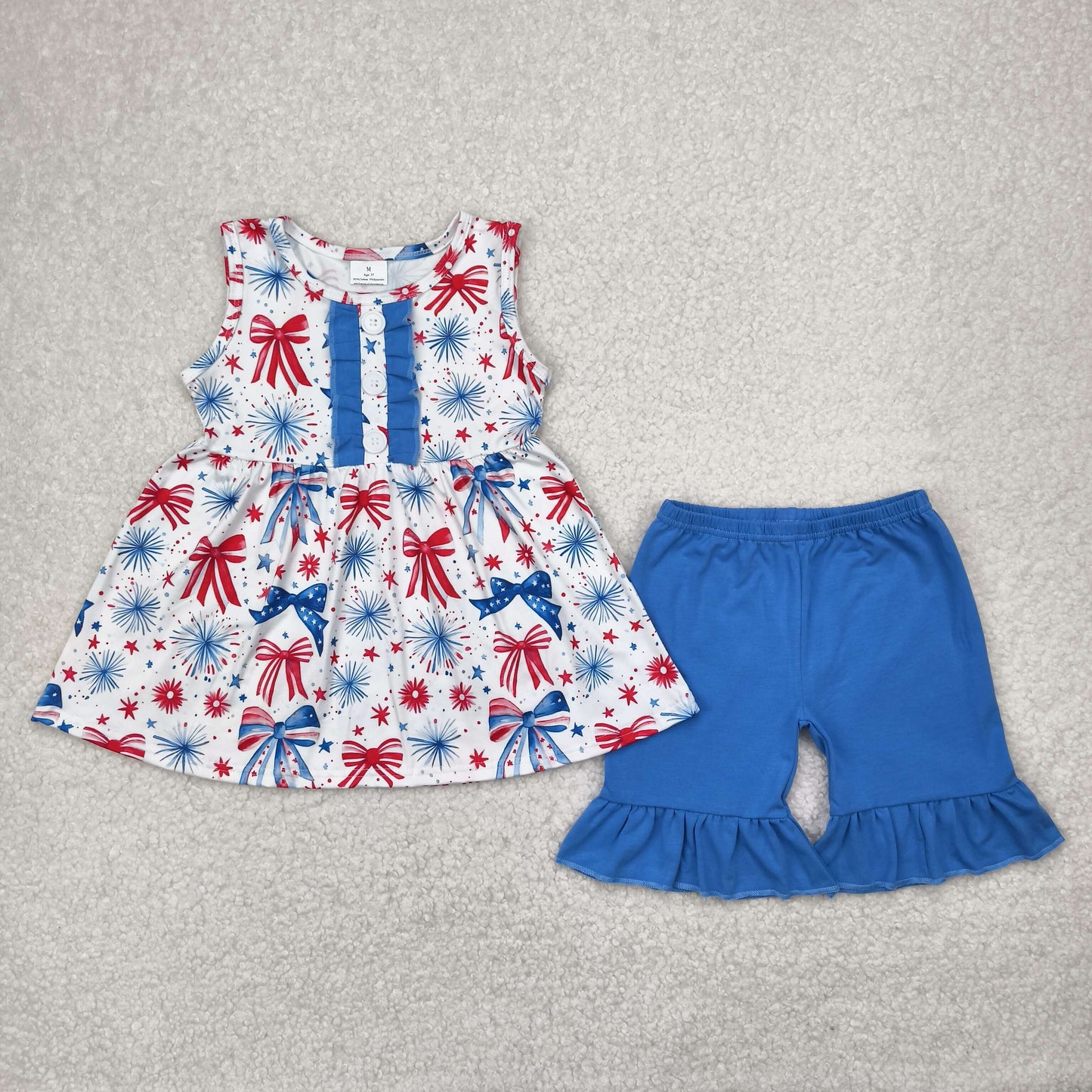 Baby Girl Sleeveless 4th Of July Bows Tunic Shorts Sibling Set Clothes RTS