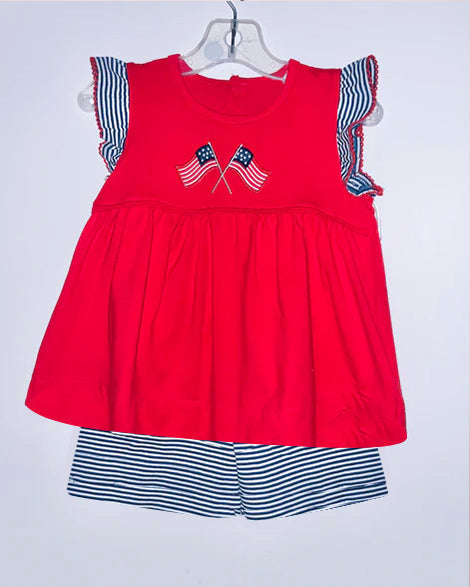 Preorder Baby Girl Short Sleeves Flag Red Tunic Stripe Shorts 4th Of July Set ( Moq 5 )
