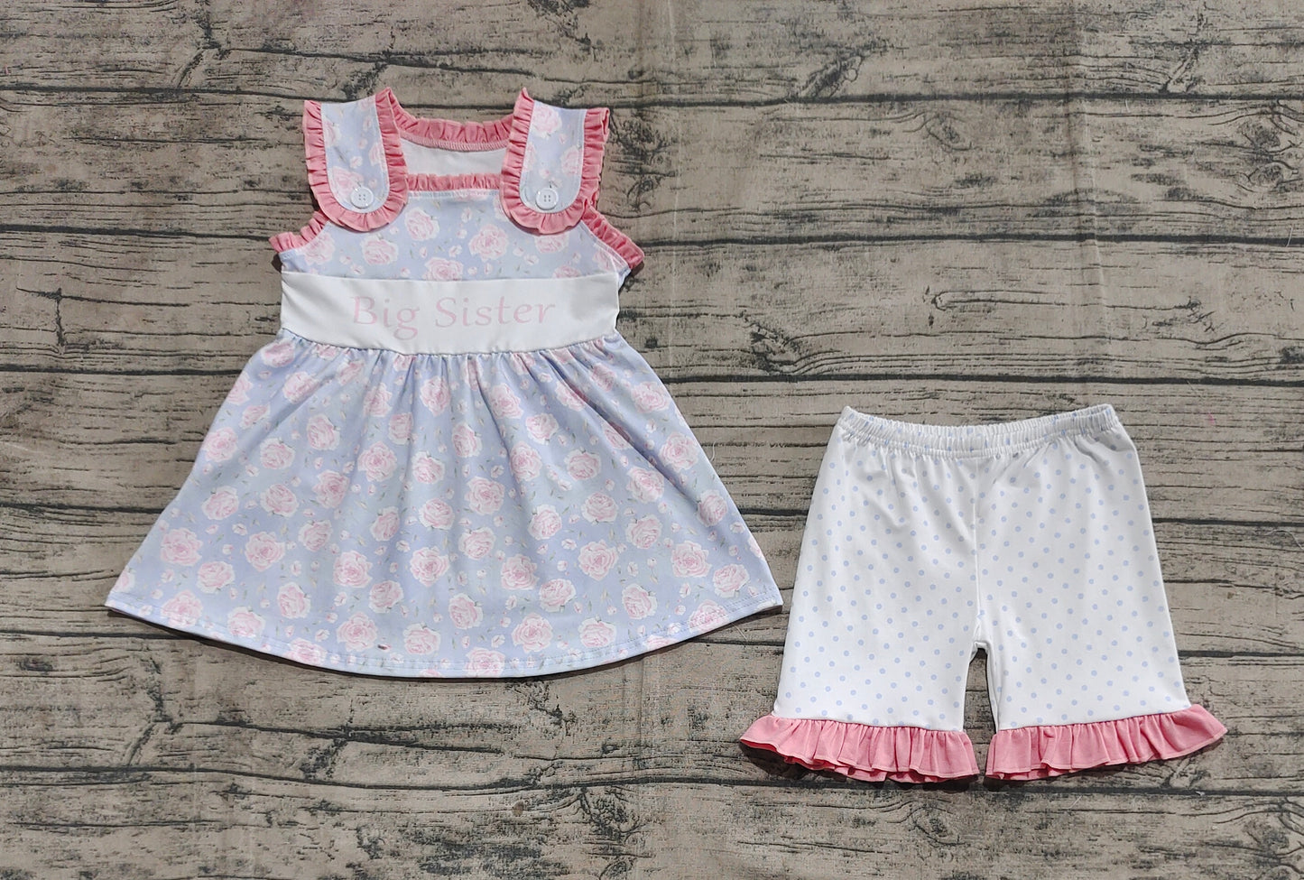 Baby Girl Sleeveless Floral Big Sister Tunic Dots Short Set RTS