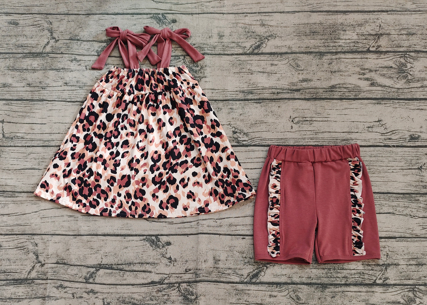Baby Girl Straps Bows Leopard Tunic Ruffle Brown Short Set RTS