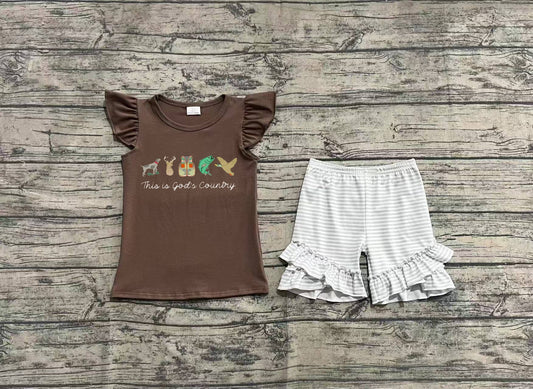 Preorder Baby Girl Short Sleeves Embroidery Ducks Deer Fish Shirt Ruffle Stripes Short Hunting Set ( No moq )