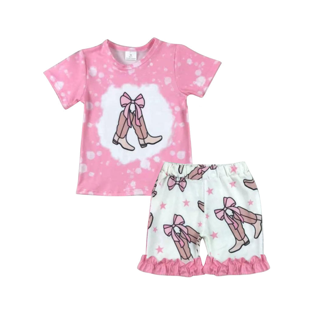 Baby Girl Short Sleeves Pink Shirt Bows Boots Short Western Set RTS