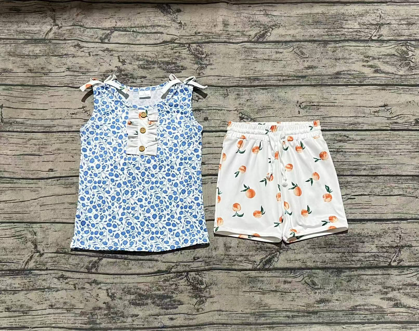 Baby Girl Bows Blue Floral Tunic Tops Peach Shorts Set RTS