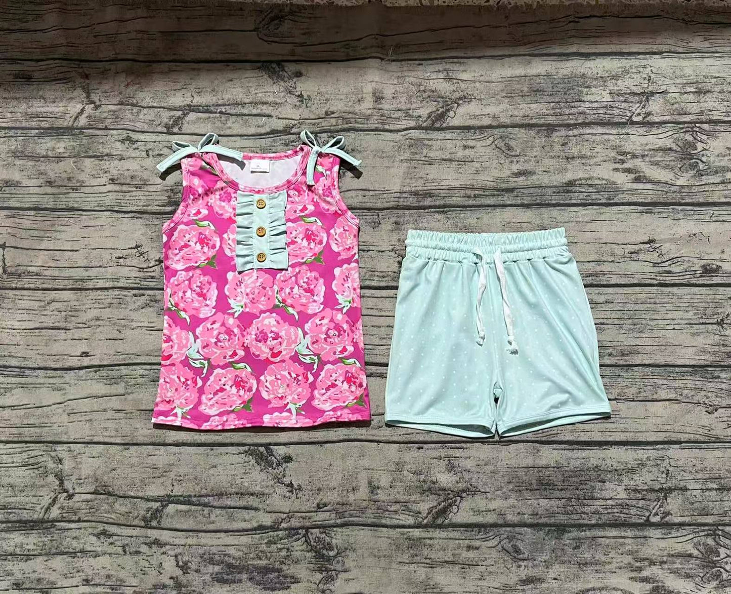 Baby Girl Sleeveless Bows Flower Button Tunic Tops Green Shorts Set RTS