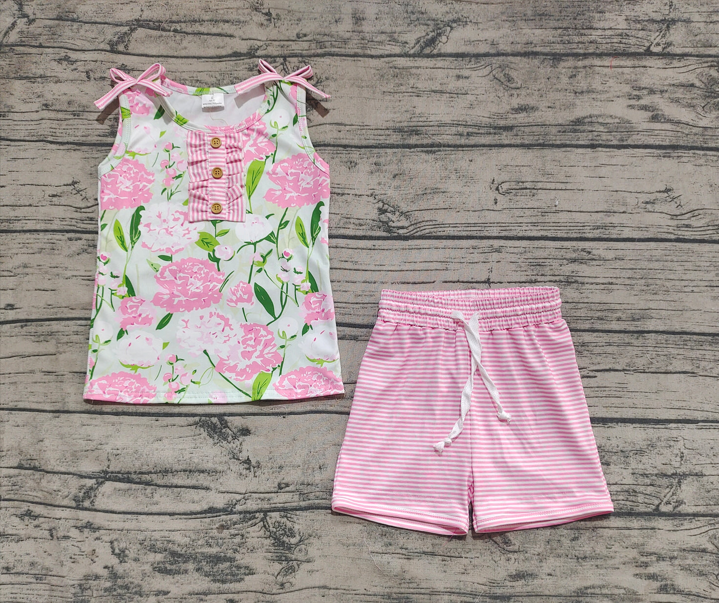 Baby Girl Bows Flower Button Tunic Tops Pink Stripes Shorts Set RTS
