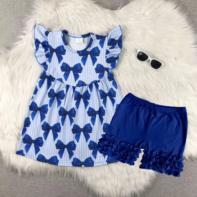 Preorder Baby Girl Short Sleeves Bows Stripes Tunic Ruffle Blue Short Clothes Set ( Moq 5 )