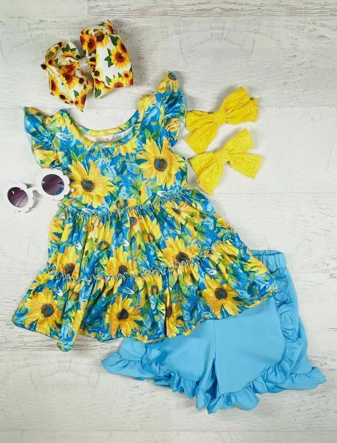 Preorder Baby Girl Short Sleeves Sunflower Tunic Ruffle Blue Short Clothes Set ( Moq 5 )