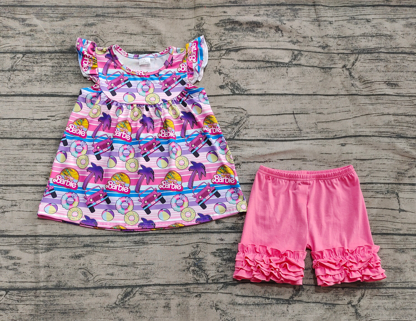 Baby Girl Short Sleeves Stripes Car Tunic Ruffle Short Doll Pink Set RTS