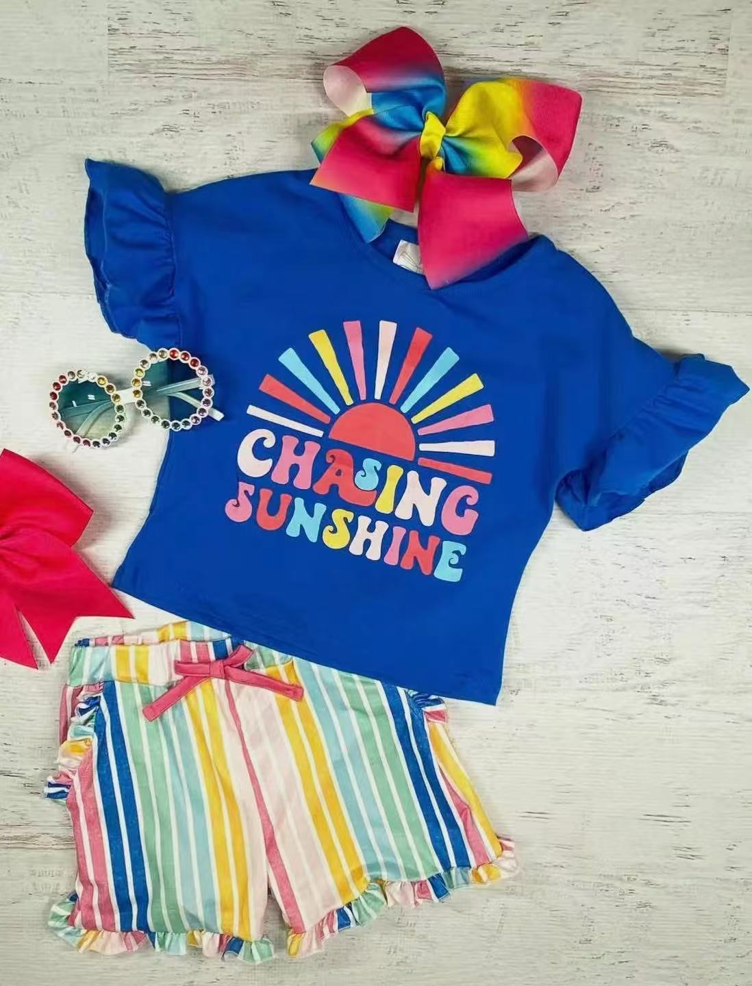 Preorder Baby Girl Short Ruffle Sleeves Blue Shirt Stripes Short Clothes Set ( Moq 5 )