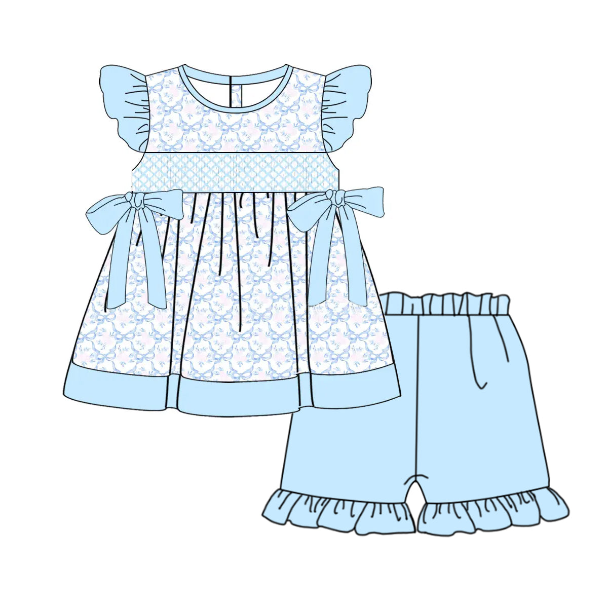 Preorder Baby Girls Blue Flutter Sleeves Floral Bows Tunic Ruffle Short Clothes Set ( Moq 5 )