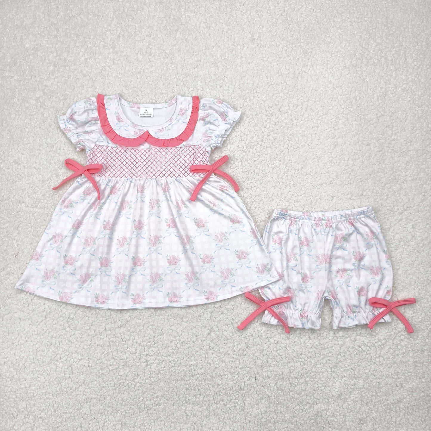 Baby Girl Short Sleeves Bows Flower Tunic Ruffle Shorts Clothes Sibling Embroidery Set