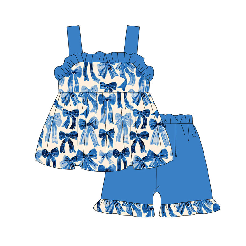 Preorder Baby Girl Straps Bows Tunic Blue Ruffle Short Clothes Set ( Moq 5 )