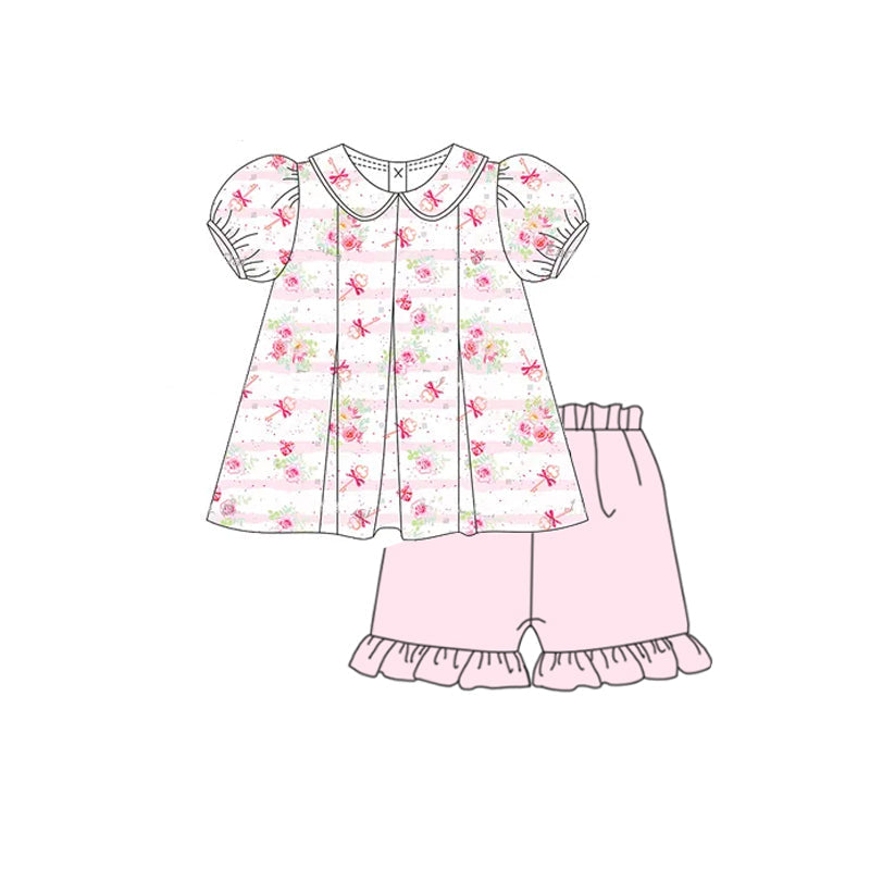 Preorder Baby Girl Short Sleeves Stripe Floral Tunic Pink Ruffle Short Set ( Moq 5 )