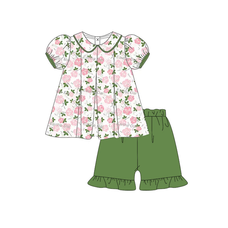 Preorder Baby Girl Short Sleeves Pink Flower Tunic Green Ruffle Short Set ( Moq 5 )