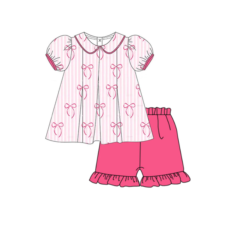 Preorder Baby Girl Short Sleeves Stripes Bows Tunic Pink Ruffle Short Set ( Moq 5 )