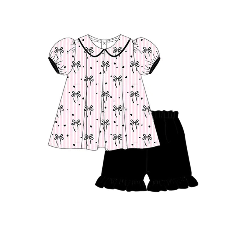 Preorder Baby Girls Pink Stripe Black Bows Tunic Ruffle Short Set ( Moq 5 )