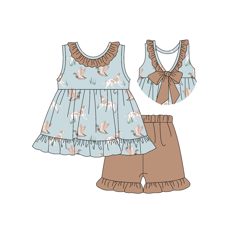 Baby Girl Sleeveless Dogs Ducks Tunic Ruffle Short Hunting Set RTS