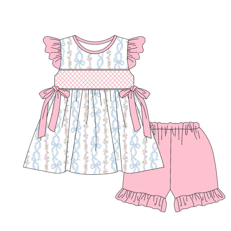 Preorder Baby Girl Short Sleeves Floral Bows Tunic Ruffle Pink Shorts Set ( Moq 5 )
