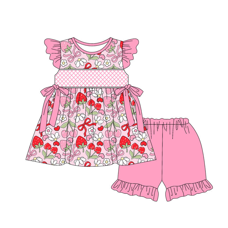 Preorder Baby Girl Short Sleeves Pink Bows Floral Strawberry Tunic Ruffle Shorts Set ( Moq 5 )