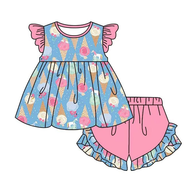 Baby Girl  Short Sleeves Ice Cream Tunic Ruffle Pink Shorts Set RTS
