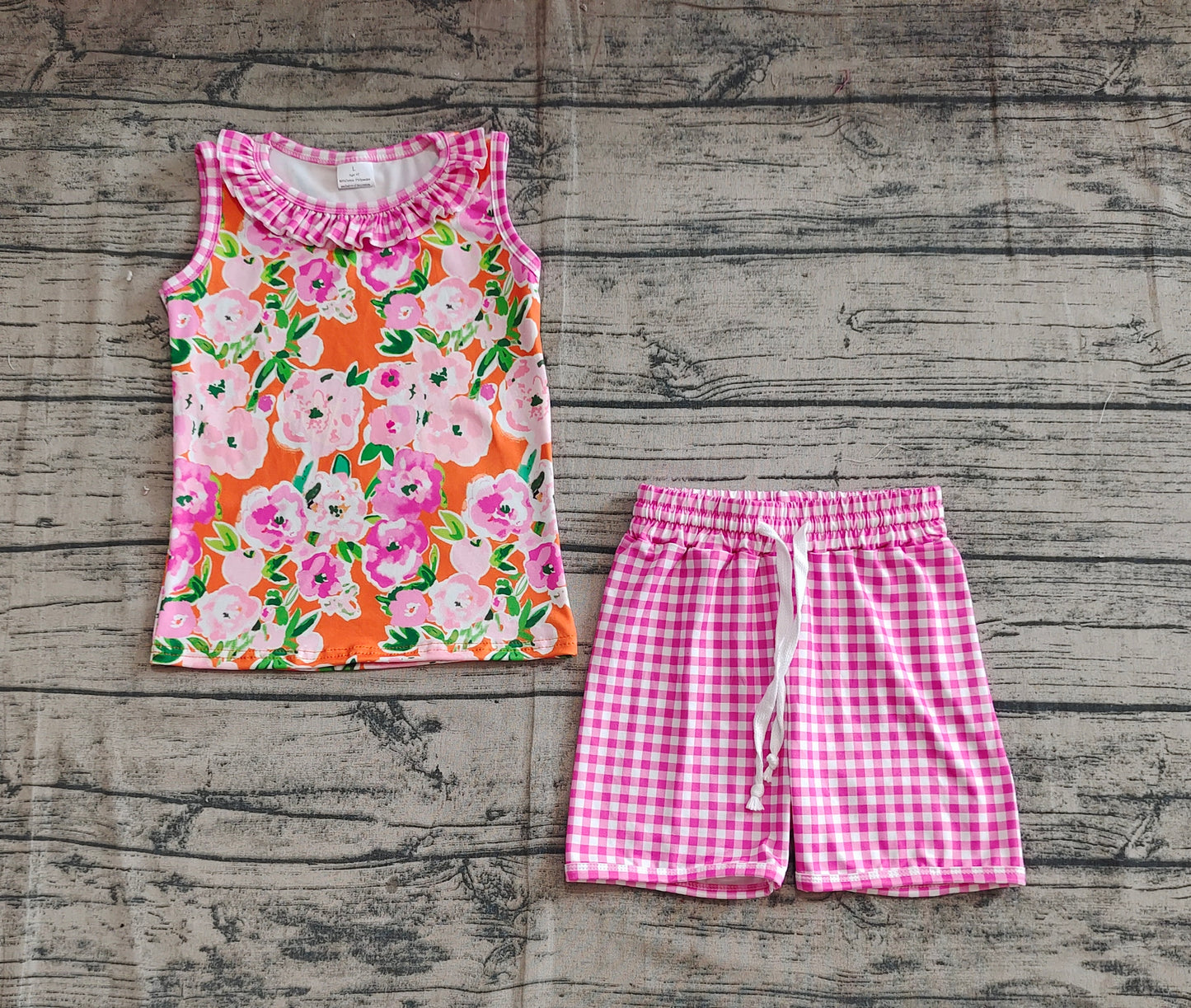 Baby Girl Sleeveless Flower Tops Pink Plaid Shorts Set RTS