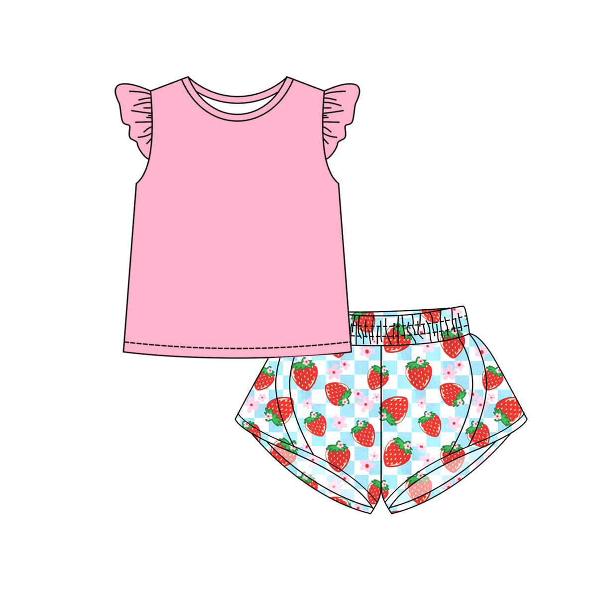 Preorder Baby Girl Short Sleeves Pink Shirt Yoga Active Wear Strawberry Flower Shorts Set ( Moq 5 )