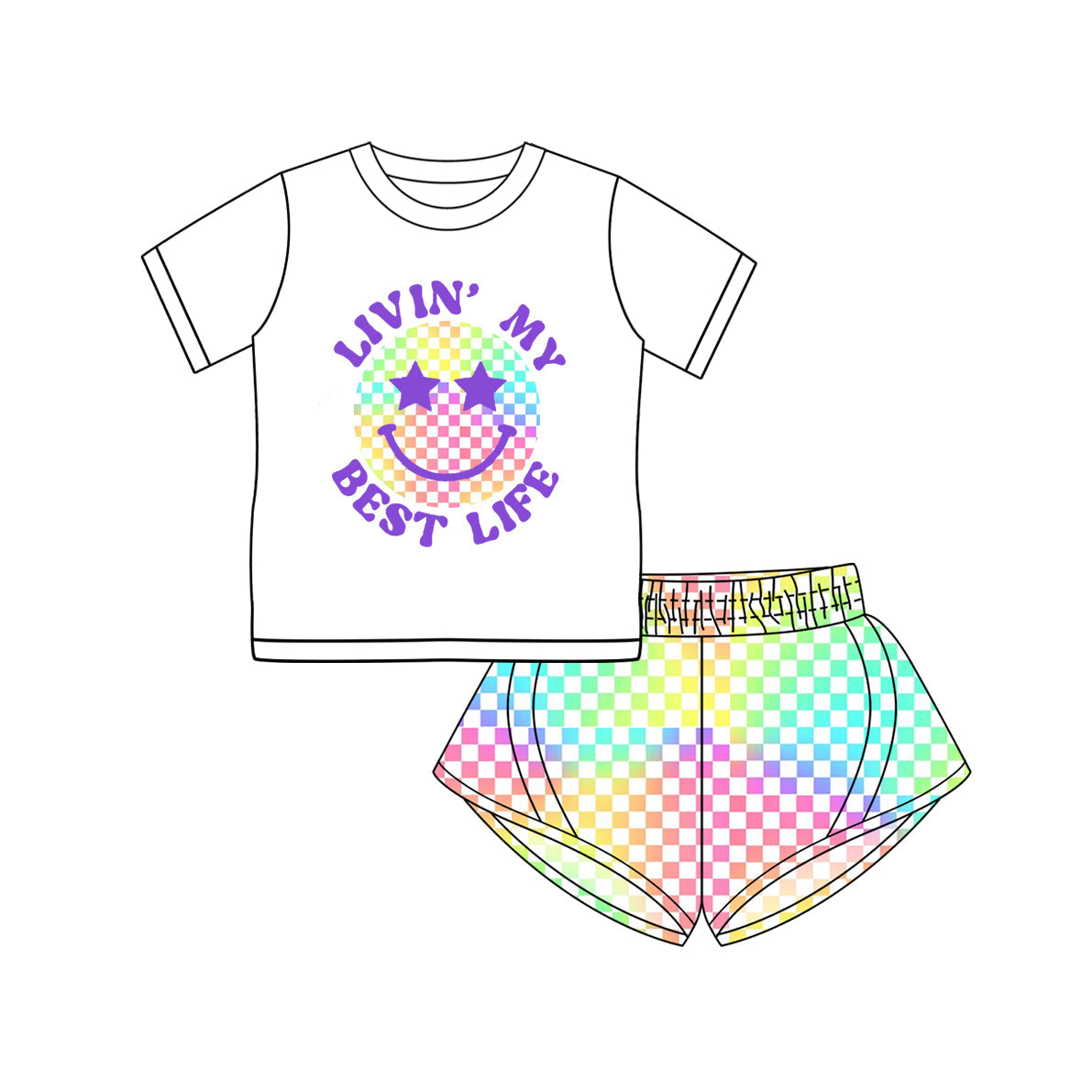 Preorder Baby Girl Short Sleeves Smile Shirt Colorful Plaid Shorts Yoga Active Wear Set ( Moq 5 )