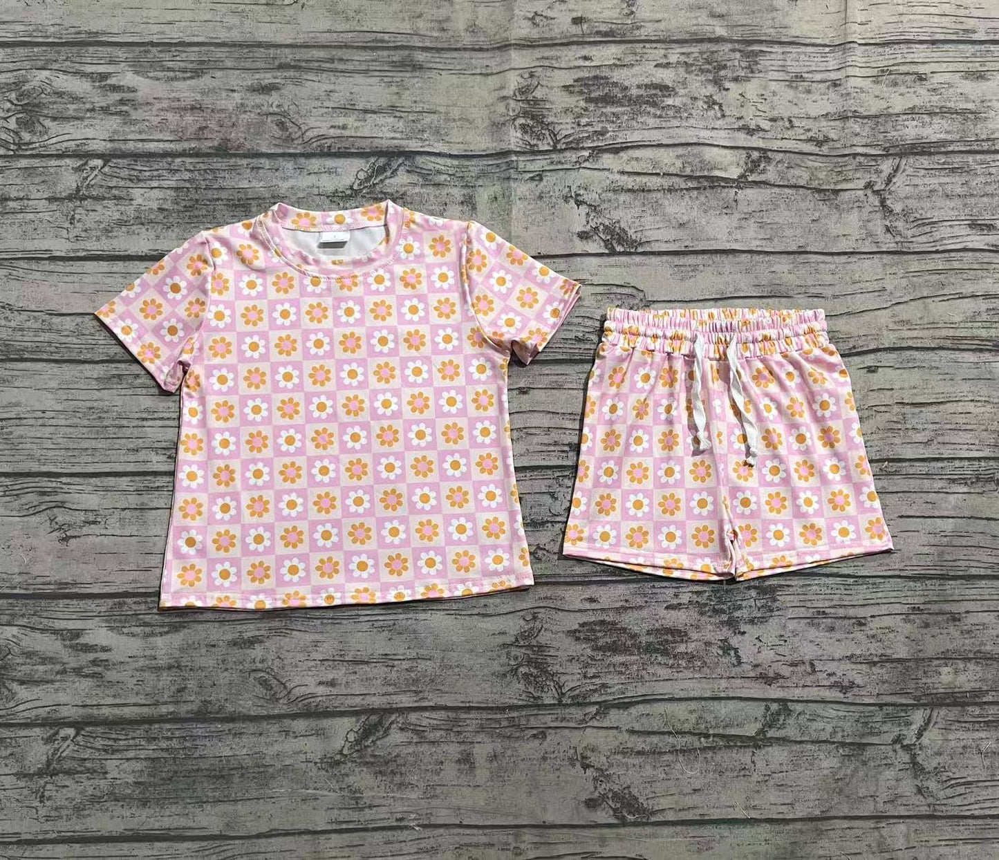 Baby Girl Toddler Short Sleeves Flower Checked Shirt Shorts Clothes Set RTS