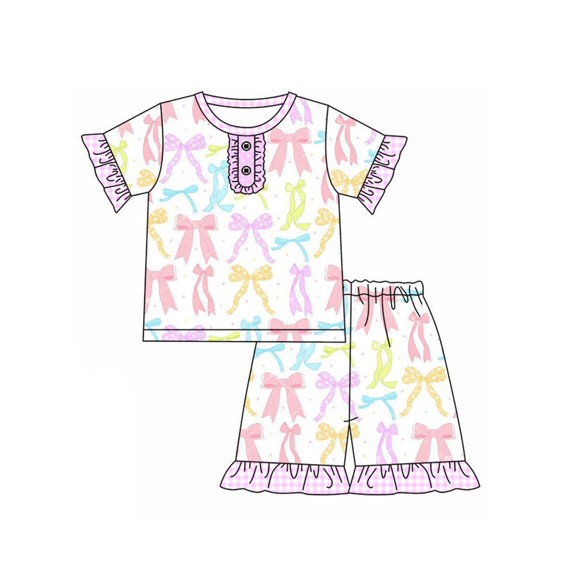Preorder Baby Girl Short Sleeves Buttons Colorful Bows Shirt Shorts Pajamas Set ( Moq 5 )