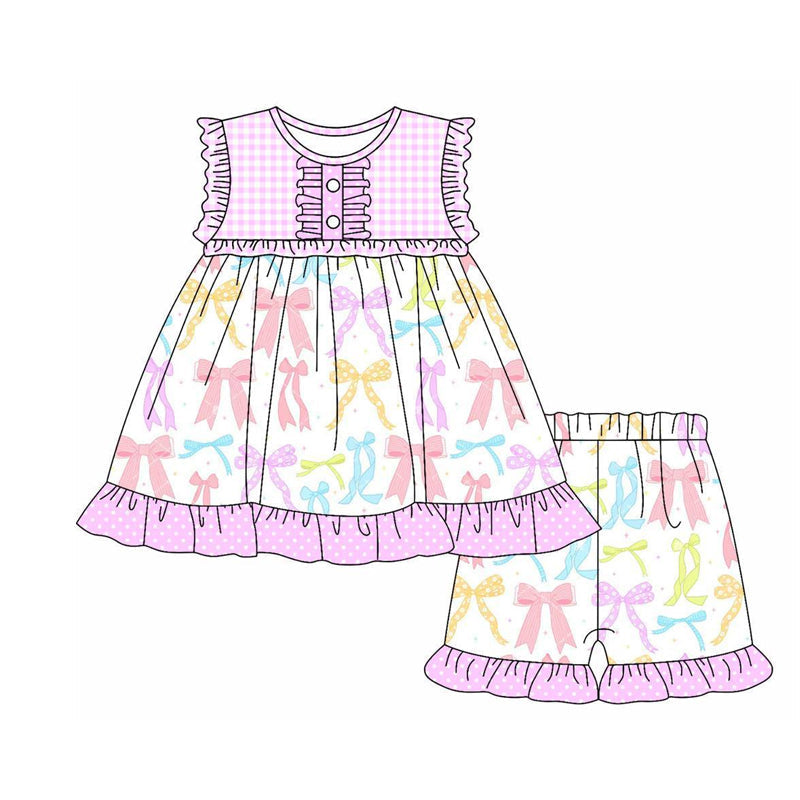 Preorder Baby Girl Ruffle Sleeveless Buttons Colorful Bows Tunic Shorts Set ( Moq 5 )