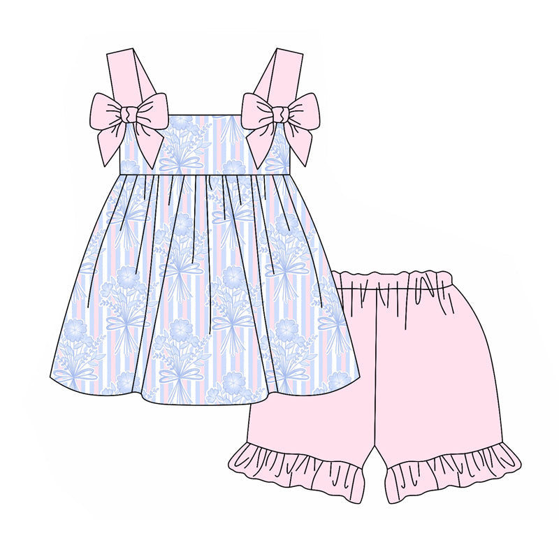 Baby Girl Infant Bows Straps Flower Stripes Tunic Pink Shorts Set RTS