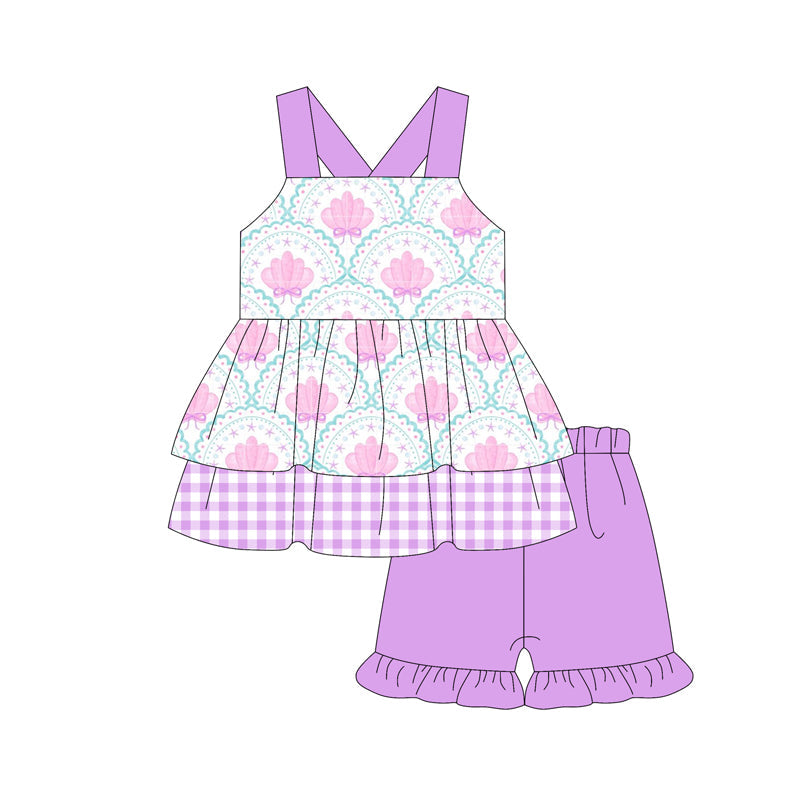 Preorder Baby Girl Straps Bows Shell Tunic Purple Ruffle Shorts Set ( Moq 5 )