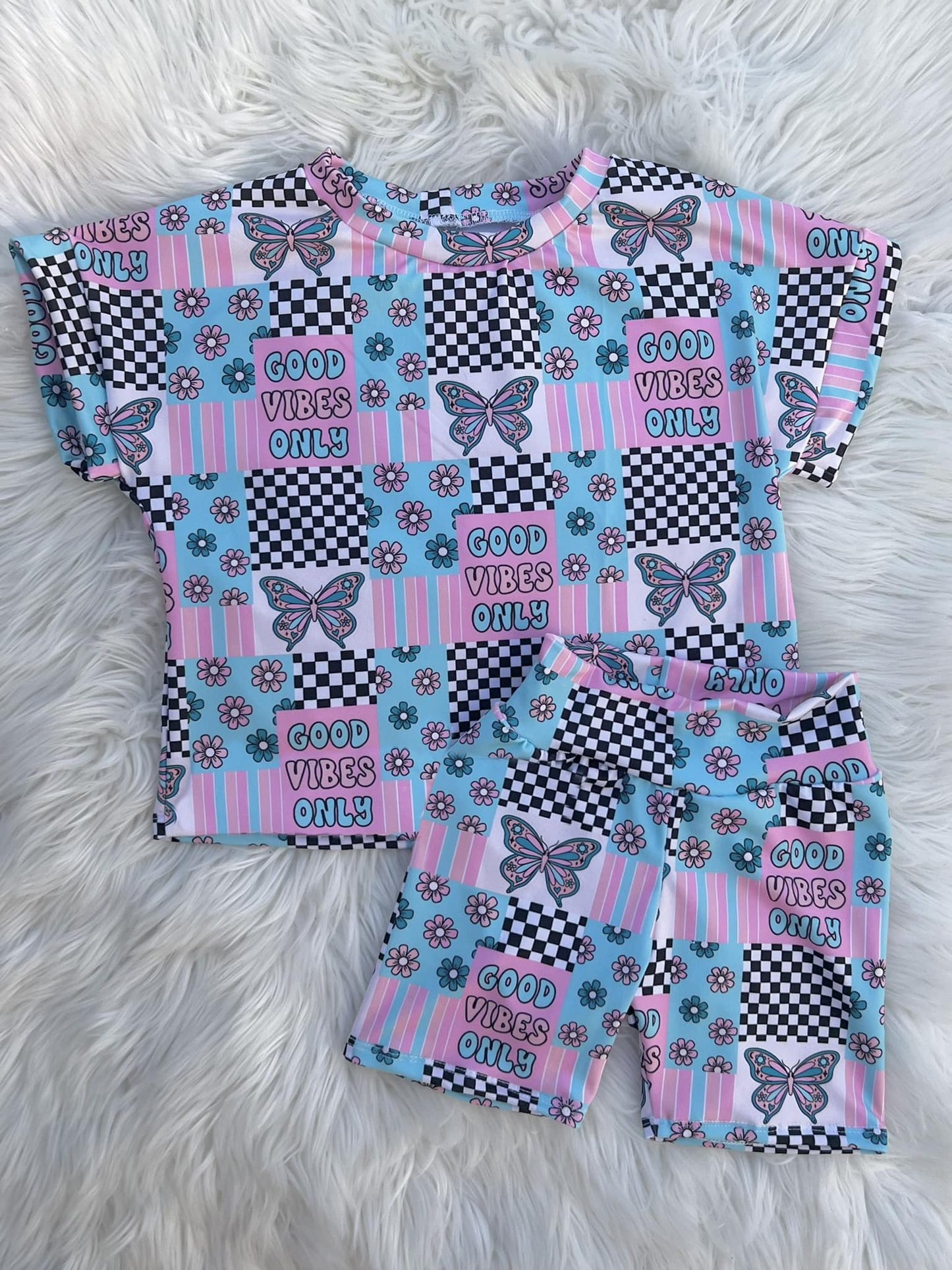 Preorder Baby Girl Short Sleeves Butterfly Flower Shirt Shorts Clothes Blue Set ( Moq 5 )