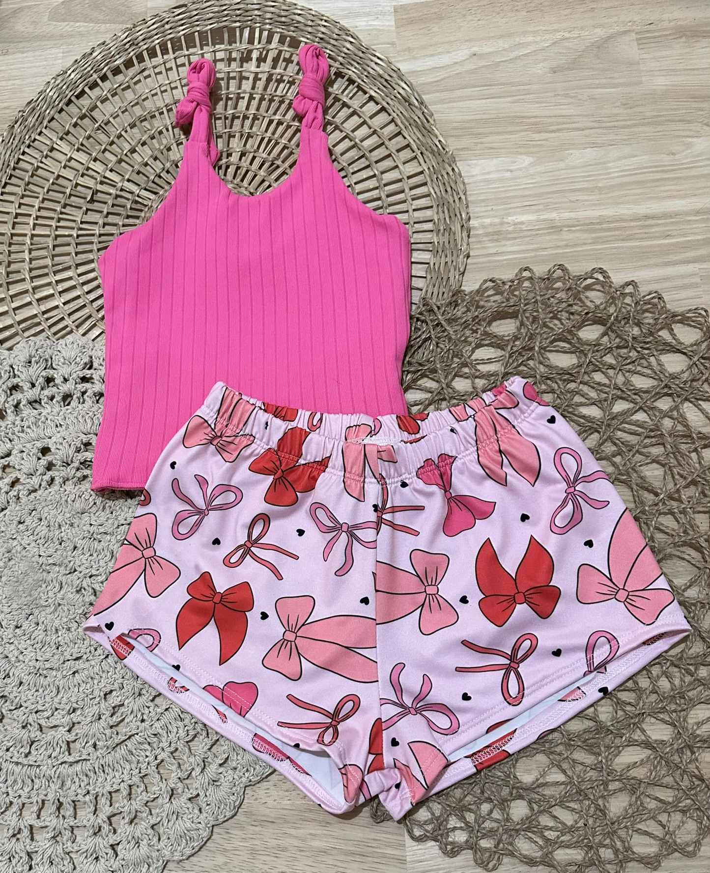 Preorder Baby Girl Straps Pink Vest Tops Bows Shorts Clothes Set ( Moq 5 )