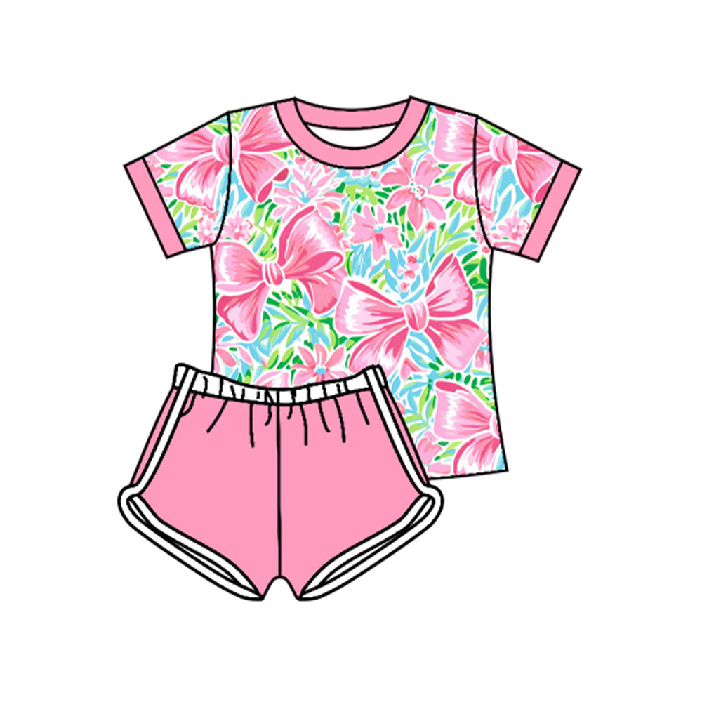 Preorder Baby Girl Short Sleeves Flower Bows Shirt Pink Shorts Clothes Set ( Moq 5 )