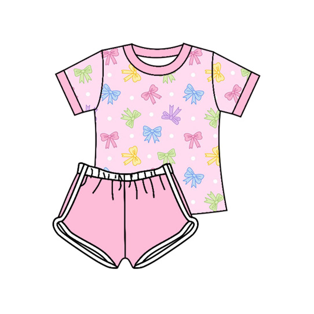 Preorder Baby Girl Short Sleeves Bows Shirt Pink Shorts Clothes Set ( Moq 5 )