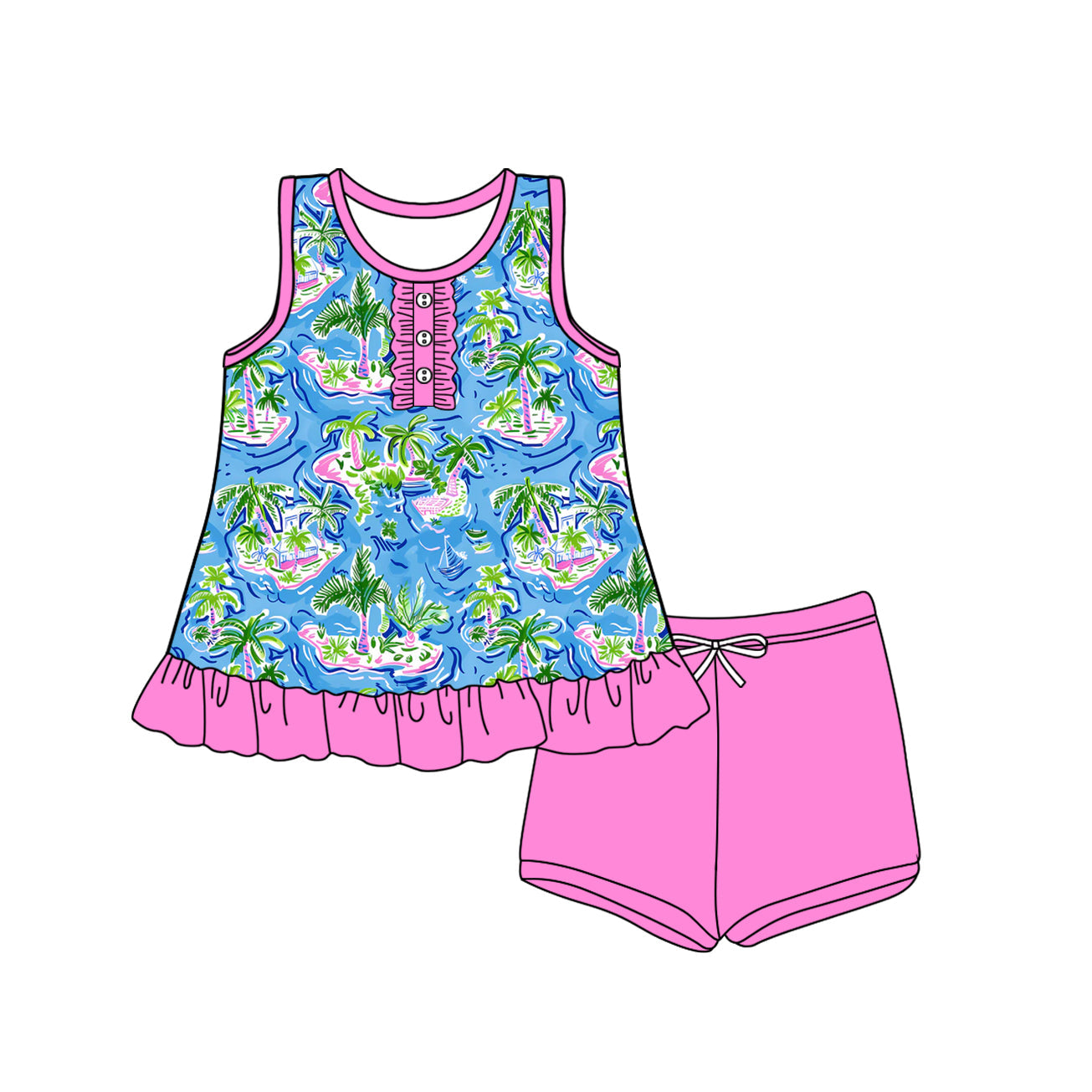 Preorder Baby Girl Sleeveless Beach Blue Tops Pink Shorts Set ( Moq 5 )
