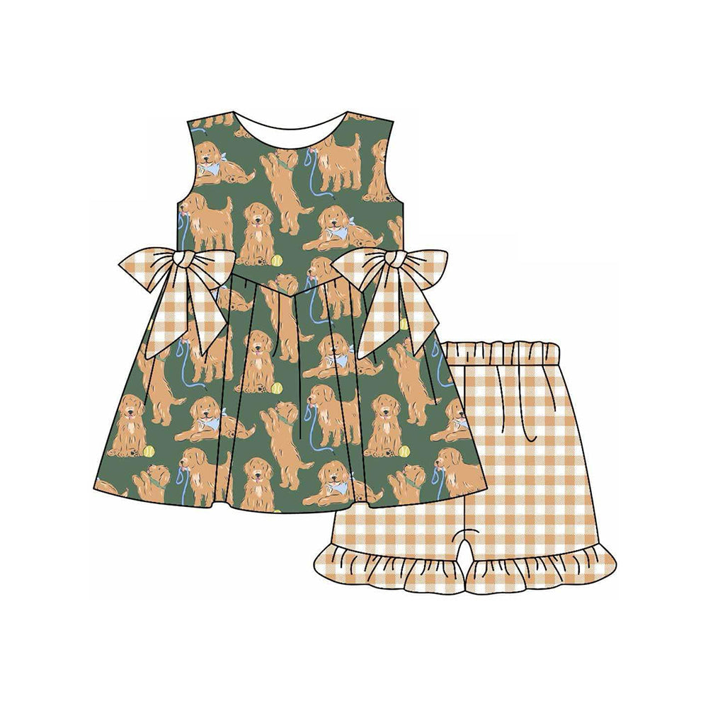 Baby Girl Toddler Dogs Bows Tunic Plaid Ruffle Shorts Set RTS
