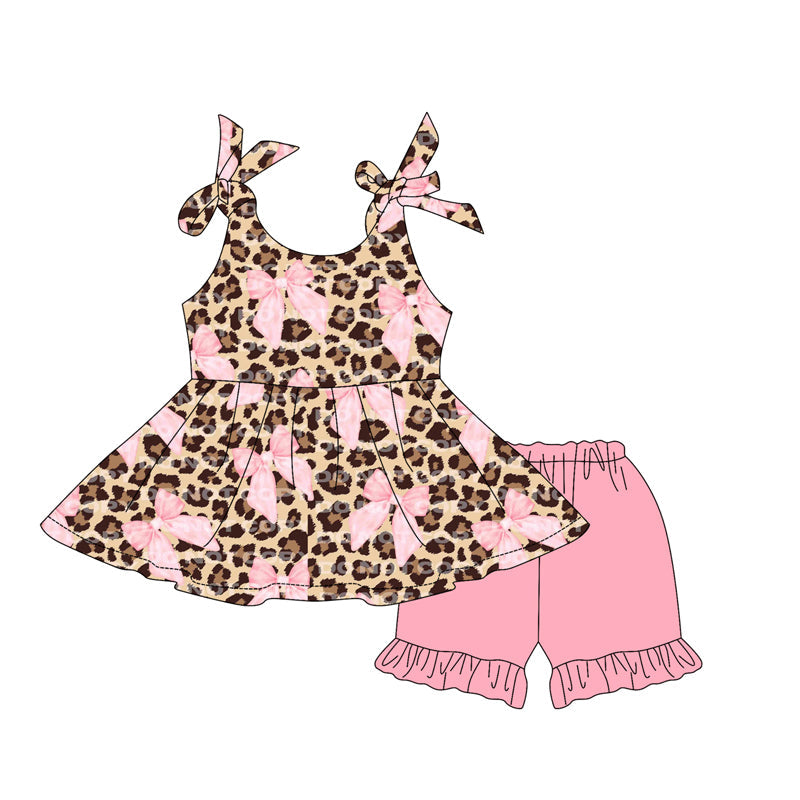 Preorder Baby Girl Toddler Bows Leopard Tops Pink Shorts Set ( Moq 5 )