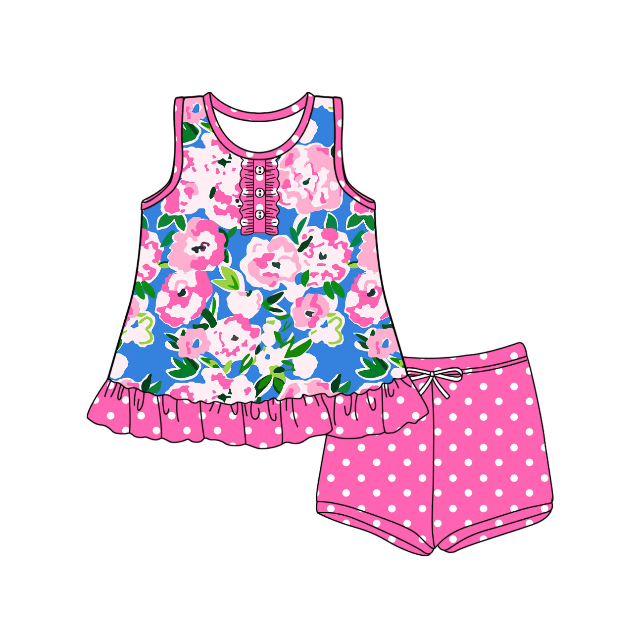 Preorder Baby Girl Toddler Flower Tops Dots Pink Shorts Set ( Moq 5 )