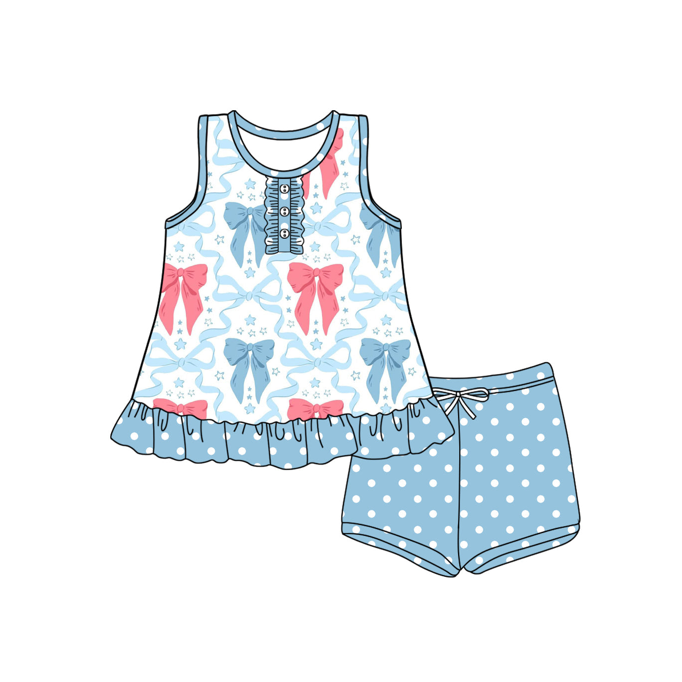 Preorder Baby Girl Toddler July 4th Bows Tops Dots Blue Shorts Set ( Moq 5 )