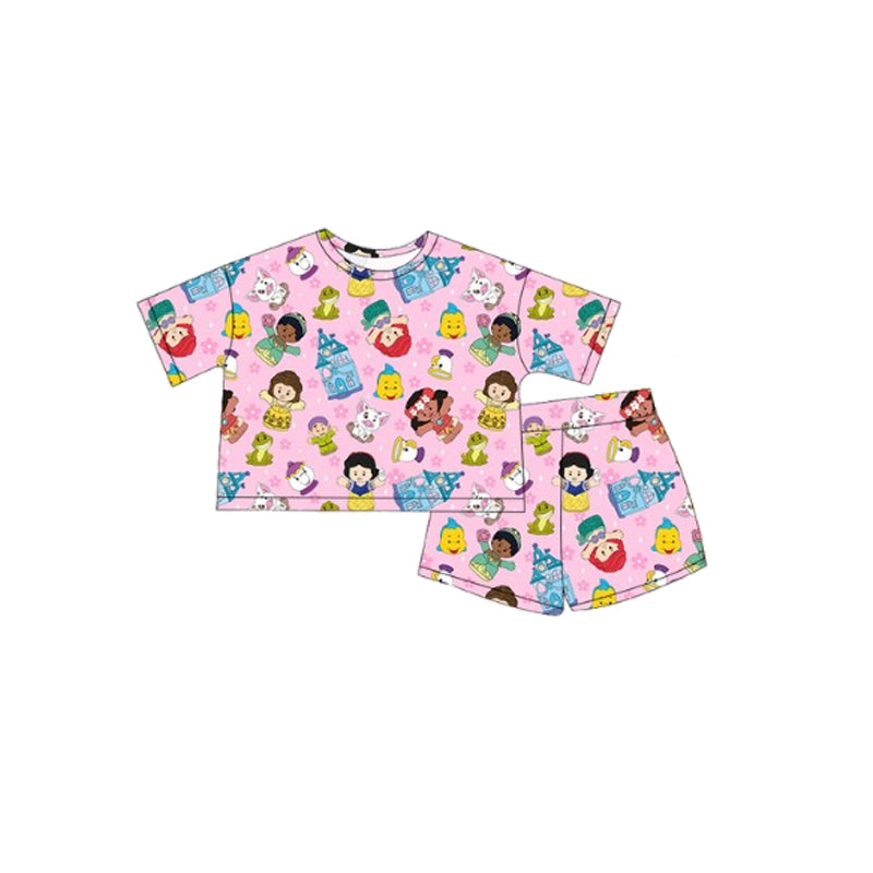 Preorder Baby Girl Pink Short Sleeves Princess Shirt Short Pajamas Set ( Moq 5 )
