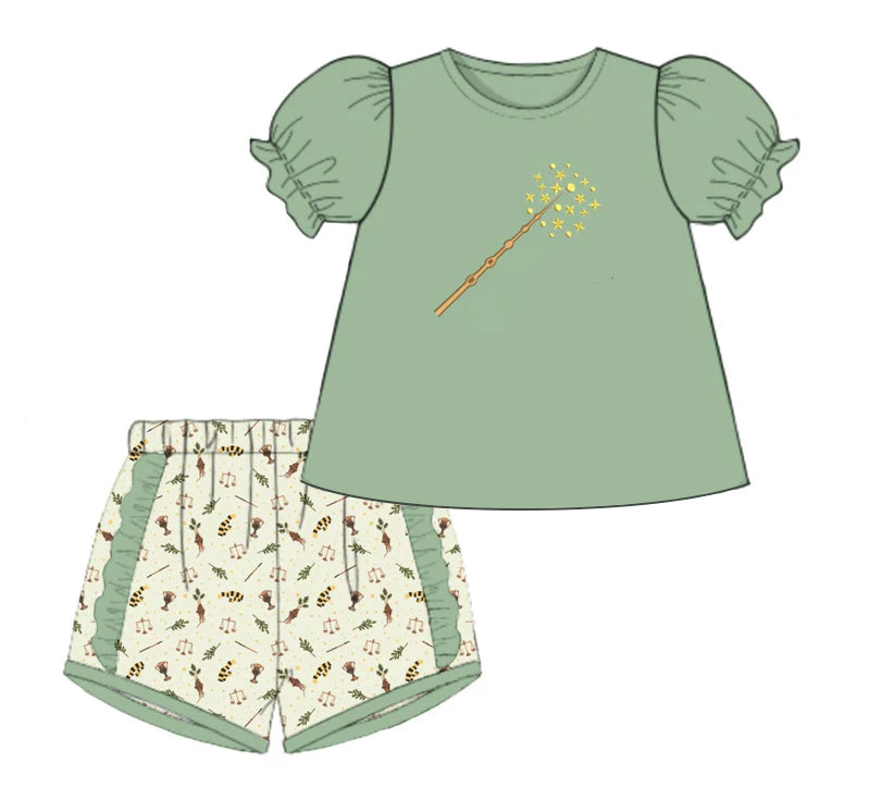 Preorder Baby Girl Toddler Short Sleeves Green Shirt Shorts Set ( Moq 5 )