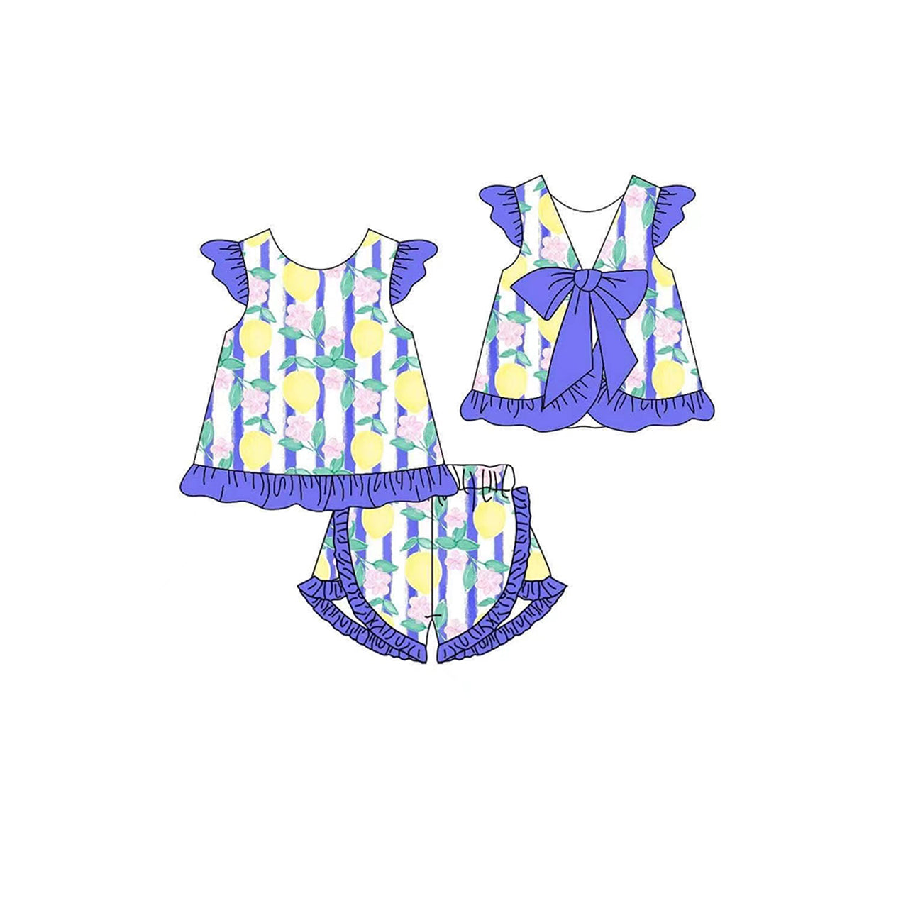 Preorder Baby Girl Lemons Flower Purple Bow Tunic Tops Ruffle Shorts Set ( Moq 5 )