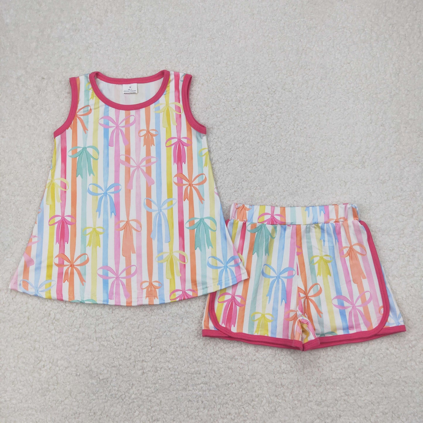 Baby Girl Sleeveless Colorful Stripes Bows Tops Shorts Sibling Set Clothes RTS