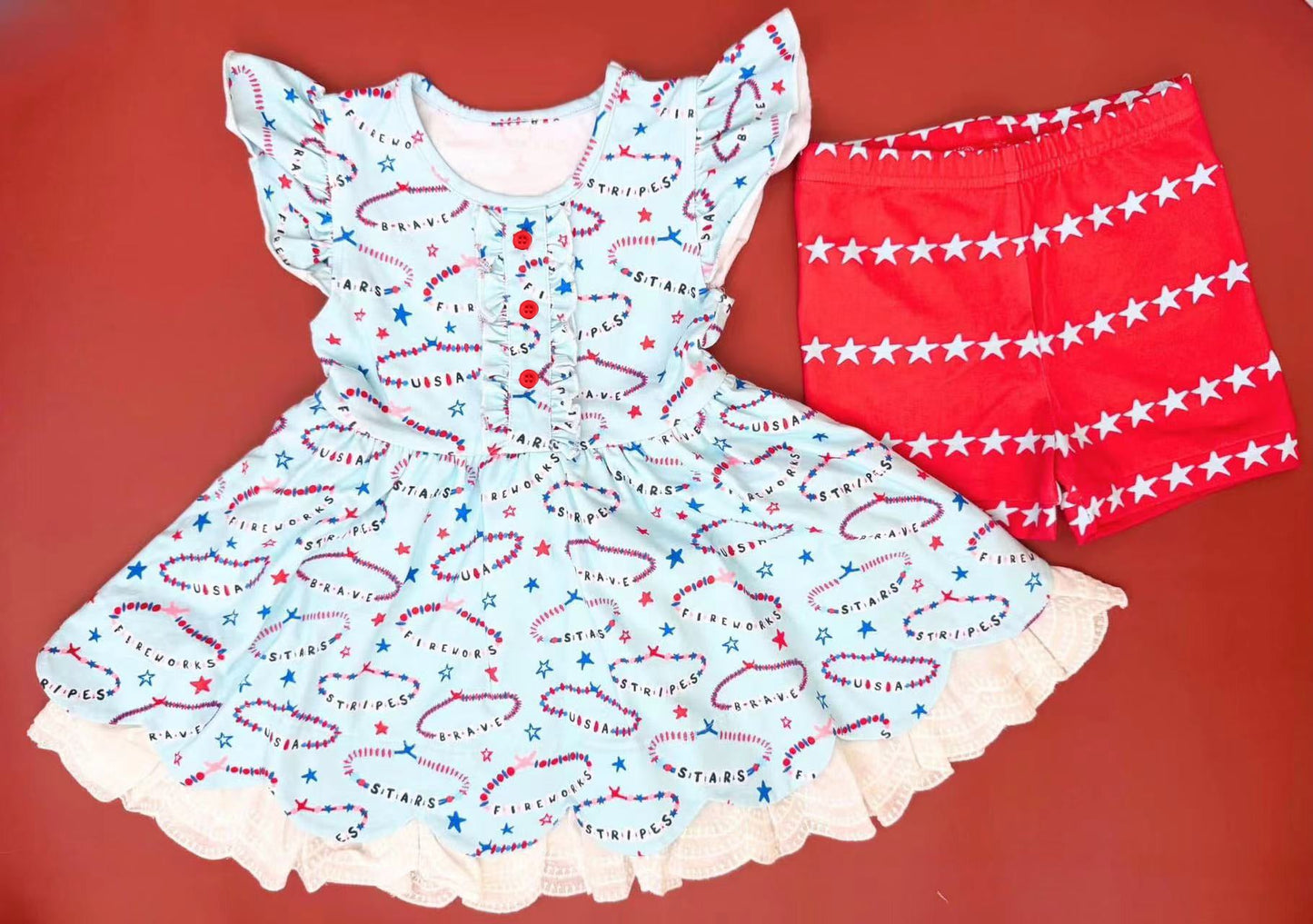 Preorder Baby Girl 4th Of July Short Sleeves Stars Blue Tunic Red Shorts Set ( Moq 5 )