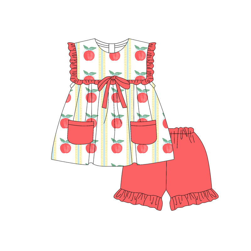 Preorder Baby Girl Back To School Apple Pockets Tunic Ruffle Shorts Set ( Moq 5 )