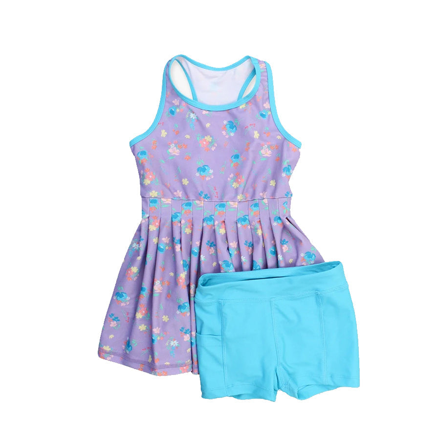 Preorder Baby Girl Sleeveless Floral Purple Tunic Shorts Yoga Active Set ( Moq 5 )