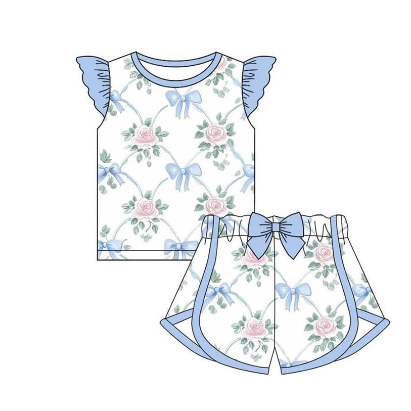 Preorder Baby Girl Flutter Sleeves Blue Bows Flower Shirt Shorts Set ( Moq 5 )
